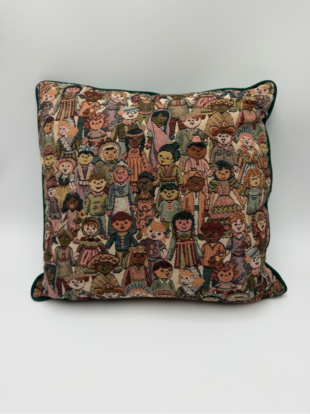 Vintage Children of the World Tapestry Pillow Folk Art Handmade 15” Multicolor
